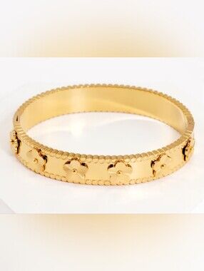 18k Gold Plated Waterproof Floral Accent Hinged Bangle Bracelet - Women Jewelry